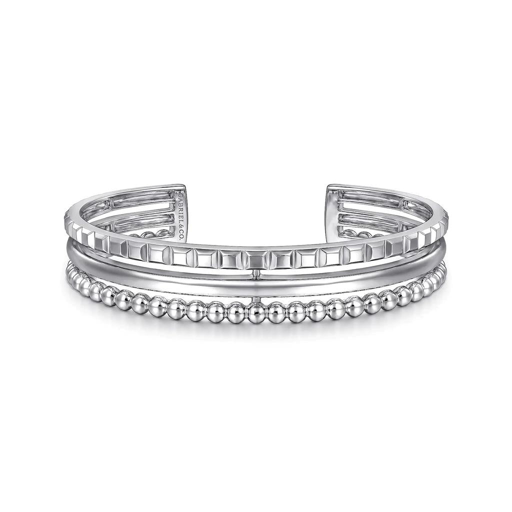 Sterling Silver Bujukan & Pyramid Triple Row Bangle Bracelet