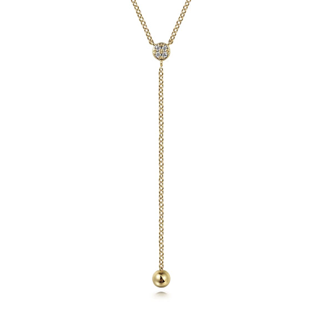 14K Yellow Gold Diamond Y-Knot Necklace with Hollow Gold Bead