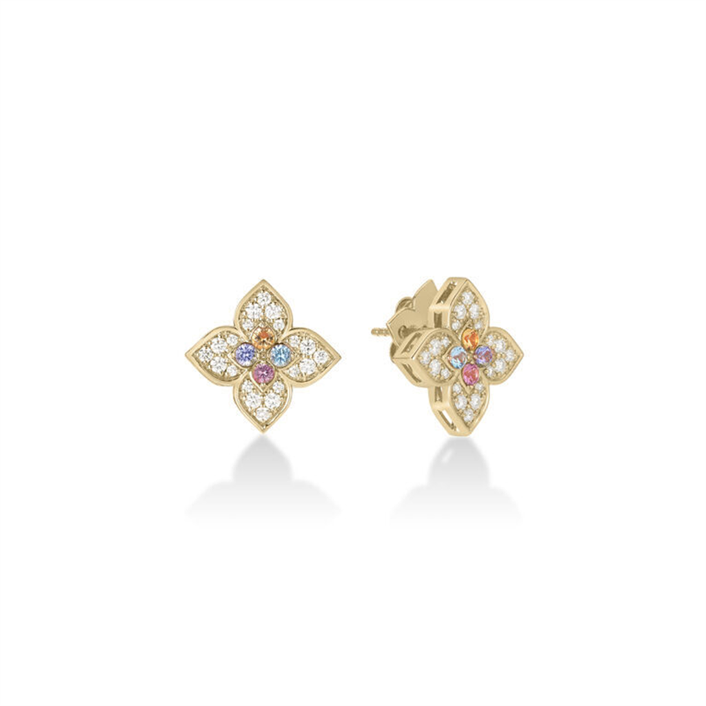 18KT Yellow Gold Carnival Diamond & Colored Stone Flower Earrings