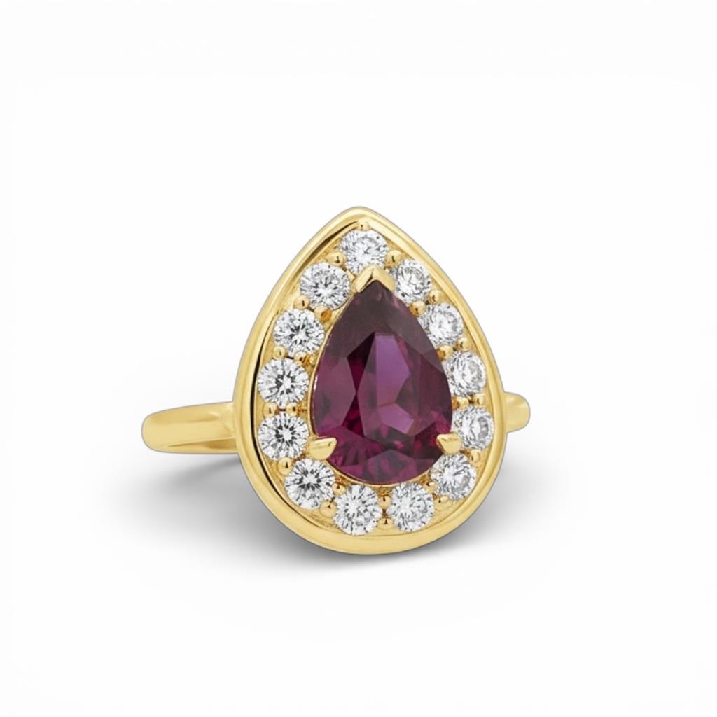 18KT Yellow Gold Pear Shaped Ruby And Diamond Halo Ring