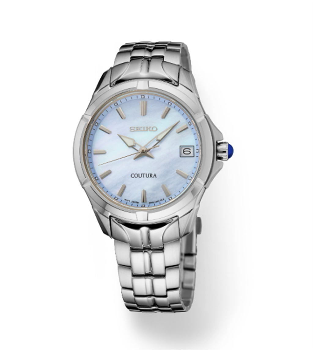 Seiko Coutura Stainless Steel Blue Mother-of-Pearl Index Dial Watch ā Ref. SUR583