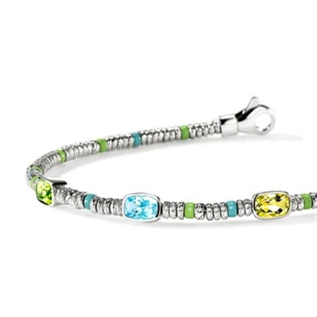 Sterling Silver 2.5mm Heishi Beaded Bracelet with Peridot, Sky Blue Topaz, Lemon Quartz & Enamel