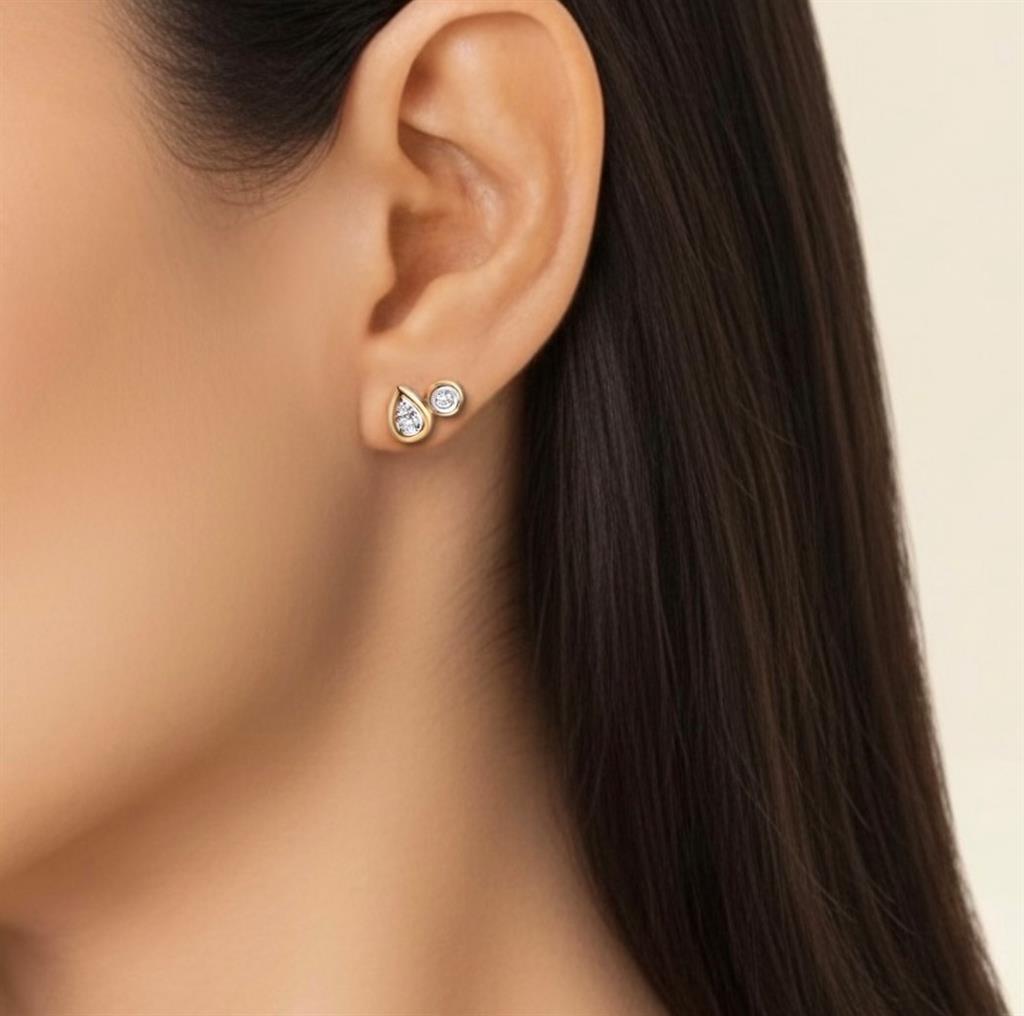14KT Two-Tone Diamond Pear And Round Stud Earrings