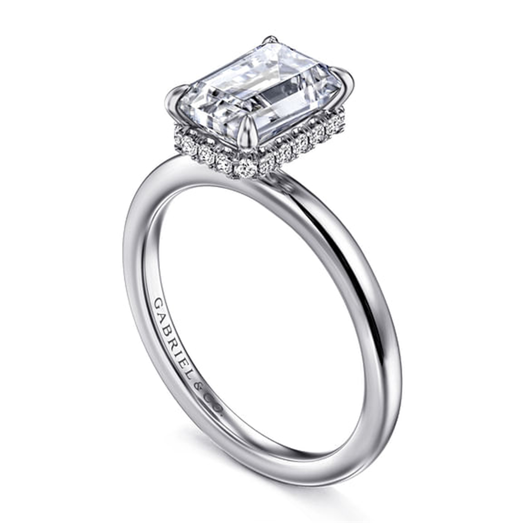 14KT White Gold Emerald-Shaped Hidden Halo Engagement Ring Semi-Mounting