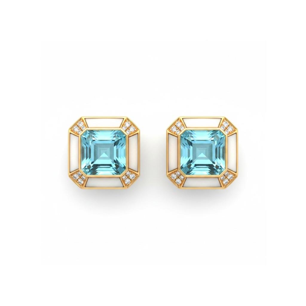 18kt Yellow Gold Agate, Diamond & Sky Blue Topaz Fashion Earrings