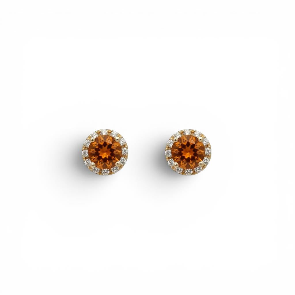 14 Kt Yellow Gold Citrine and Diamond Round Halo Stud Earrings
