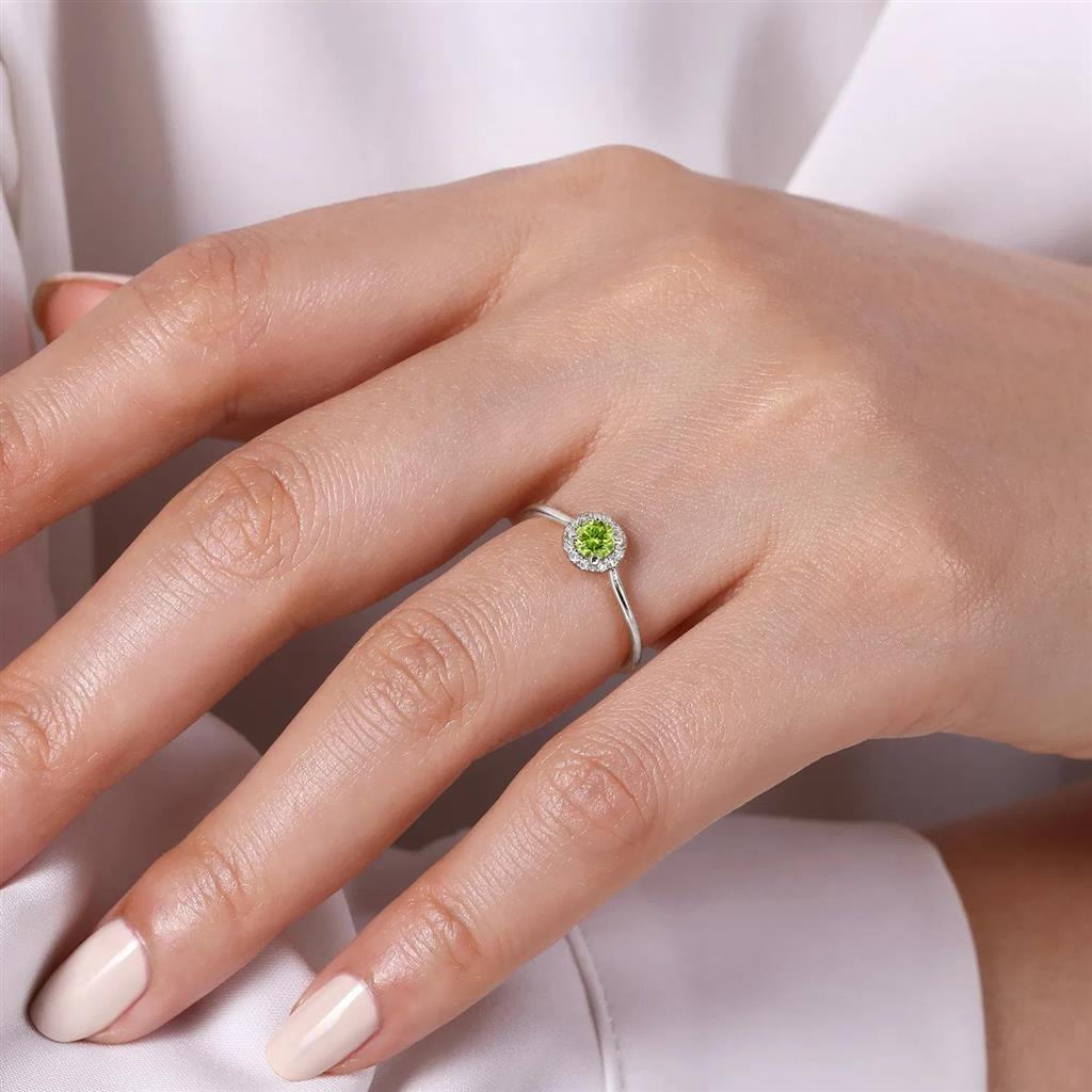 14K White Gold Peridot and Diamond Halo Promise Ring