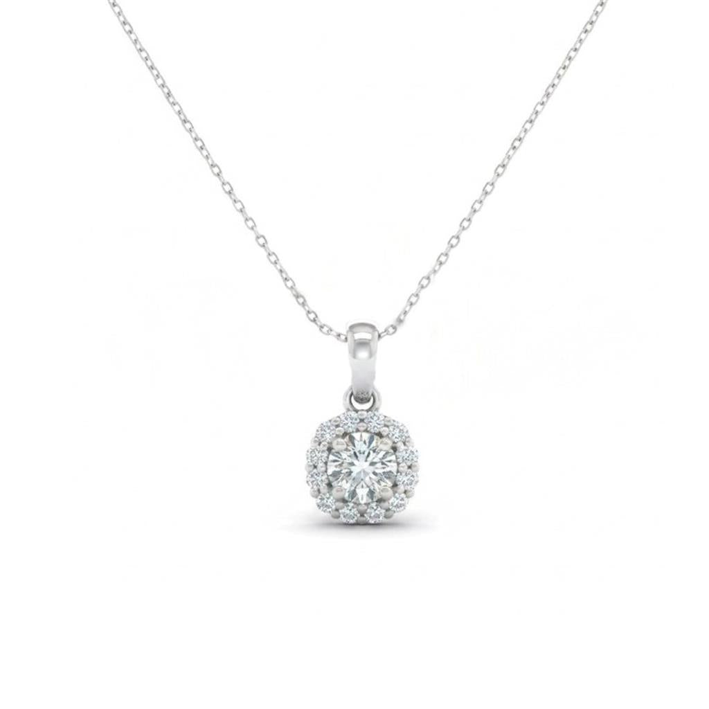 14K White Gold Cushion Halo Diamond Pendant