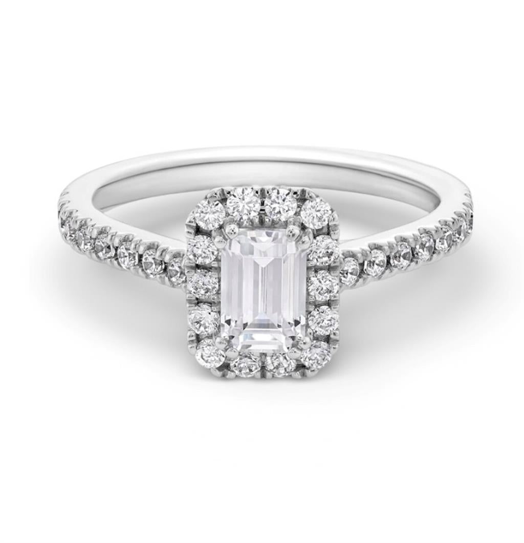 18KT White Gold Emerald-Cut Diamond Halo Engagement Ring