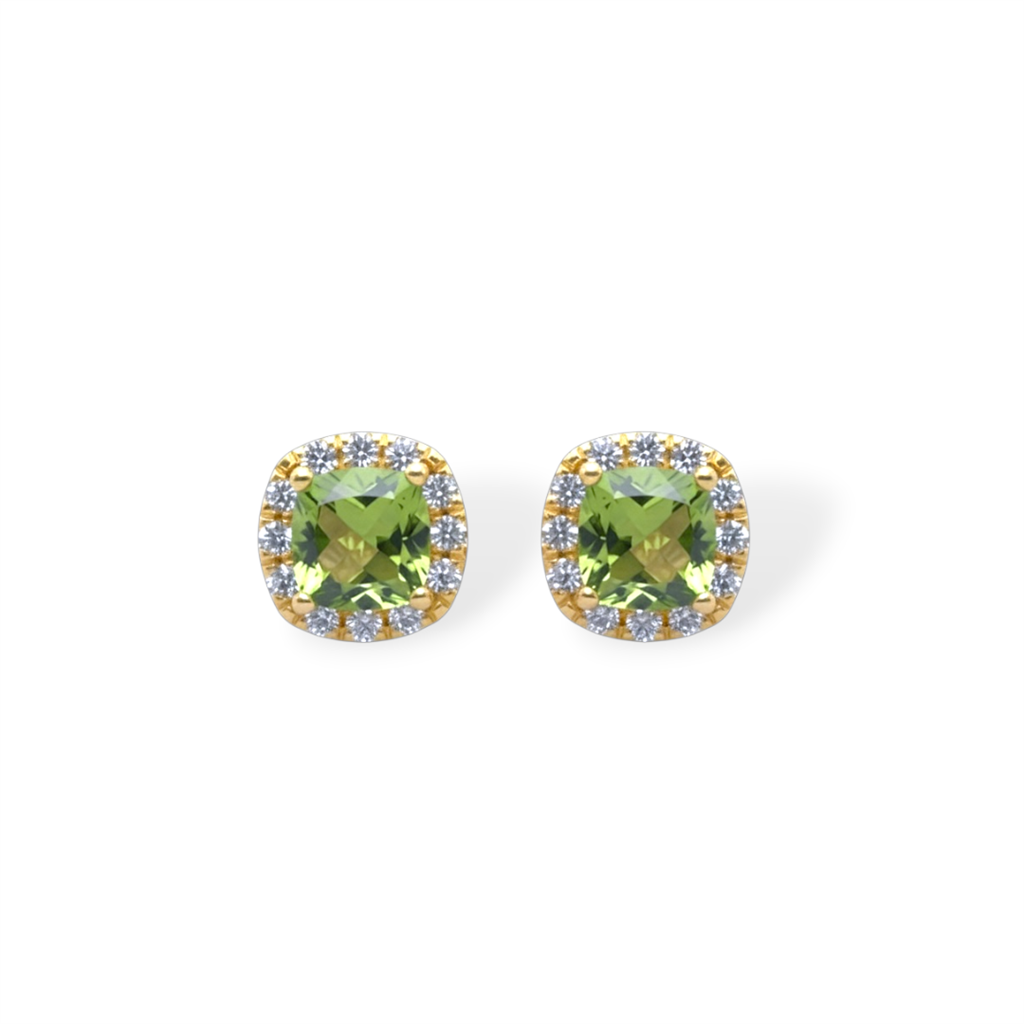 14K Yellow Gold Peridot & Diamond Cushion Halo Stud Earrings