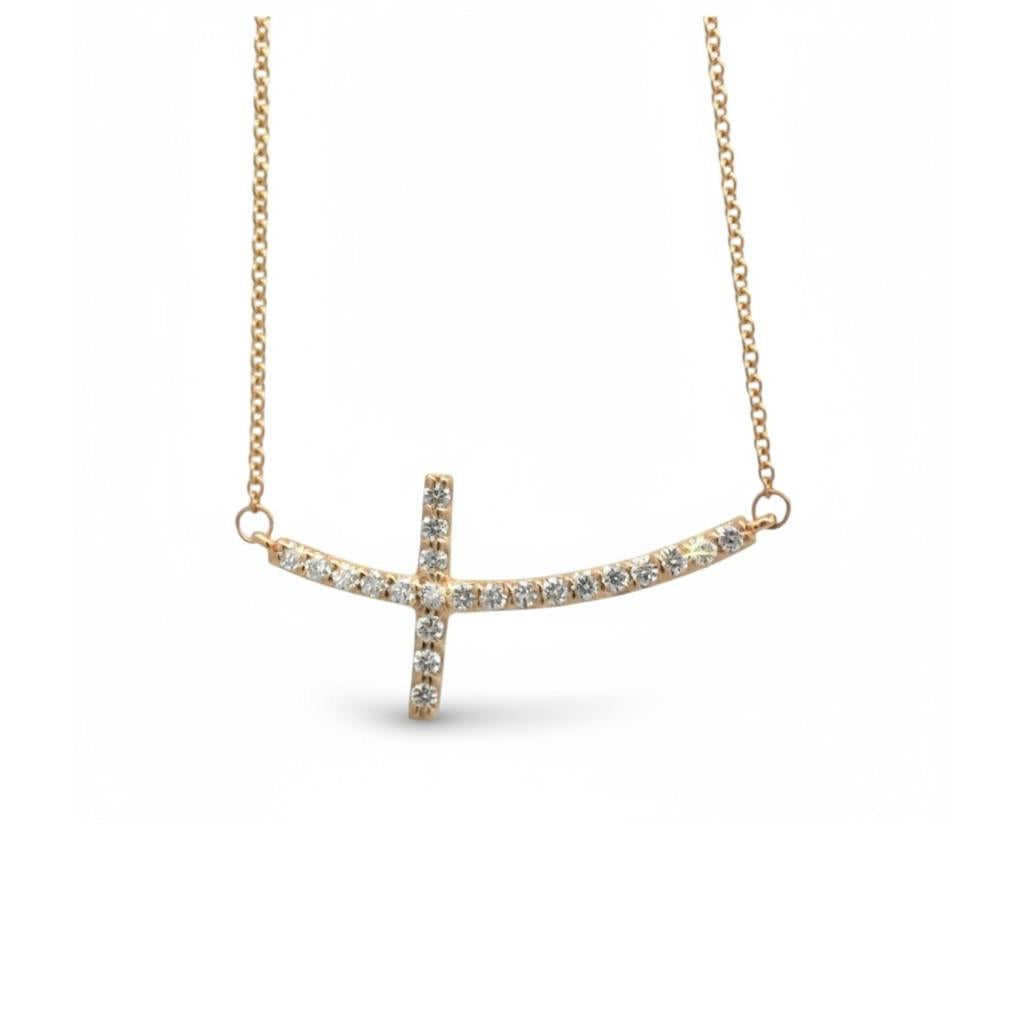 14K Yellow Gold Curved Diamond Cross Bar Necklace – 0.32ctw, 17–19"