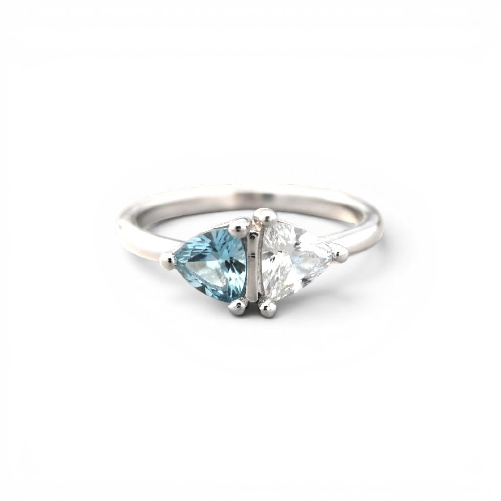 14KT White Gold Swiss Blue Topaz & Diamond 2-Stone Ring