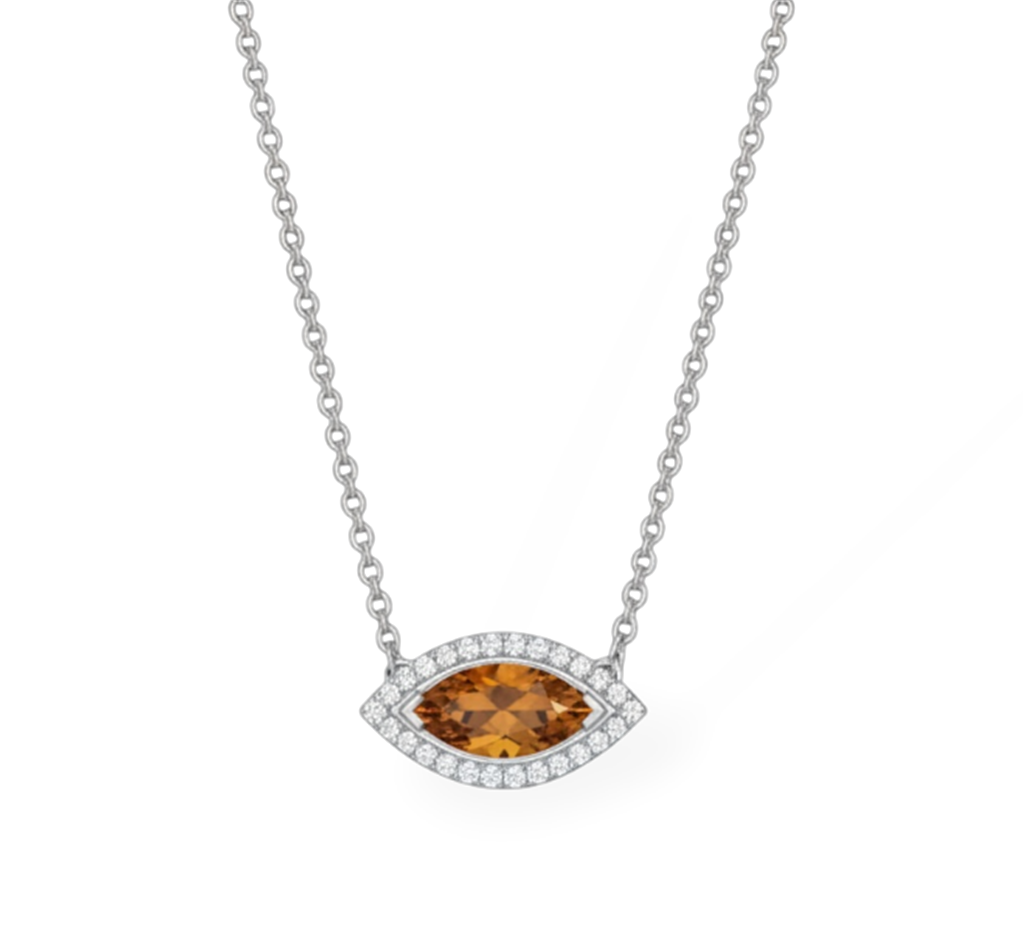 18KT White Gold Citrine and Diamond Marquise Halo Necklace