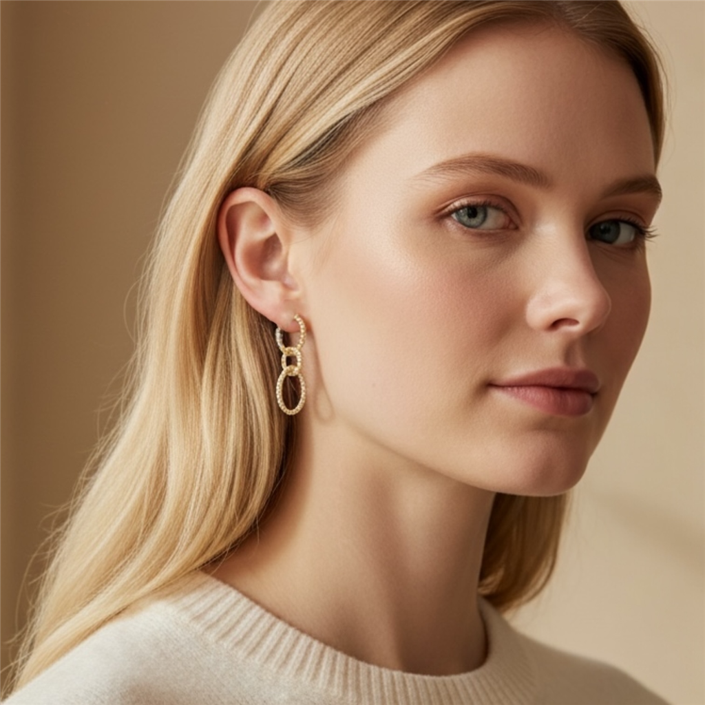 18K Yellow Gold Diamond Circle Dangle Fashion Earrings