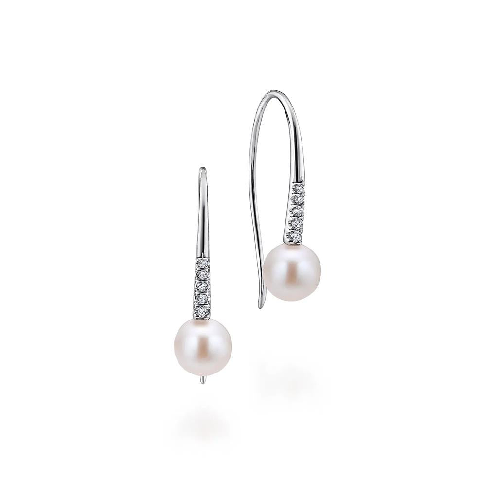 14kt White Gold Diamond & Pearl Drop Earrings by Gabriel & Co