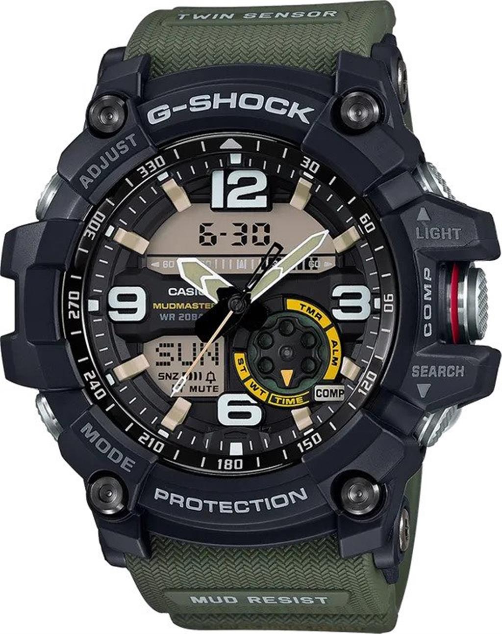 G-Shock Master of G Mudmaster Stainless Steel/Black Resin Watch with Green Strap