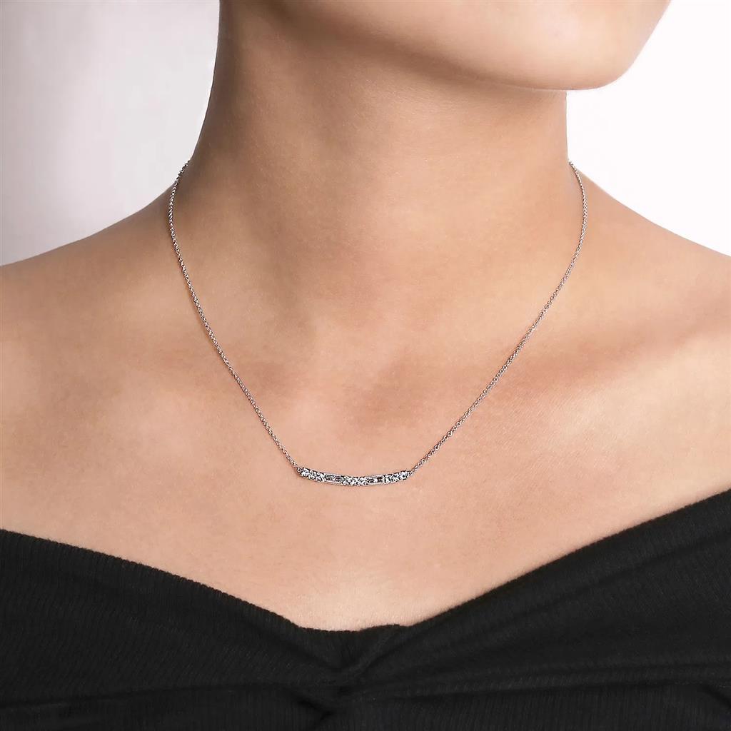 14K White Gold Curved Bar Diamond Necklace