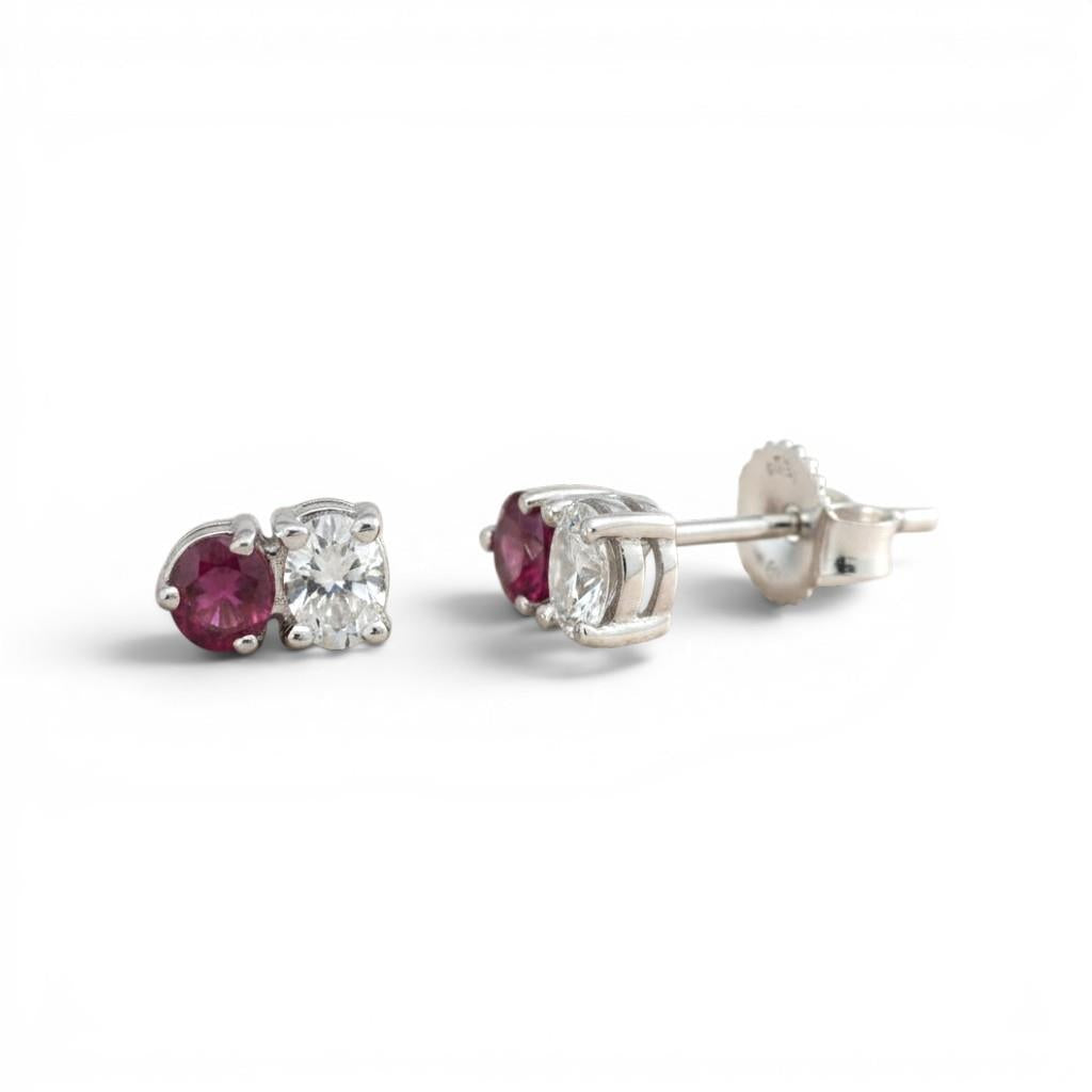 14KT White Gold Ruby & Diamond 2-Stone Stud Earrings