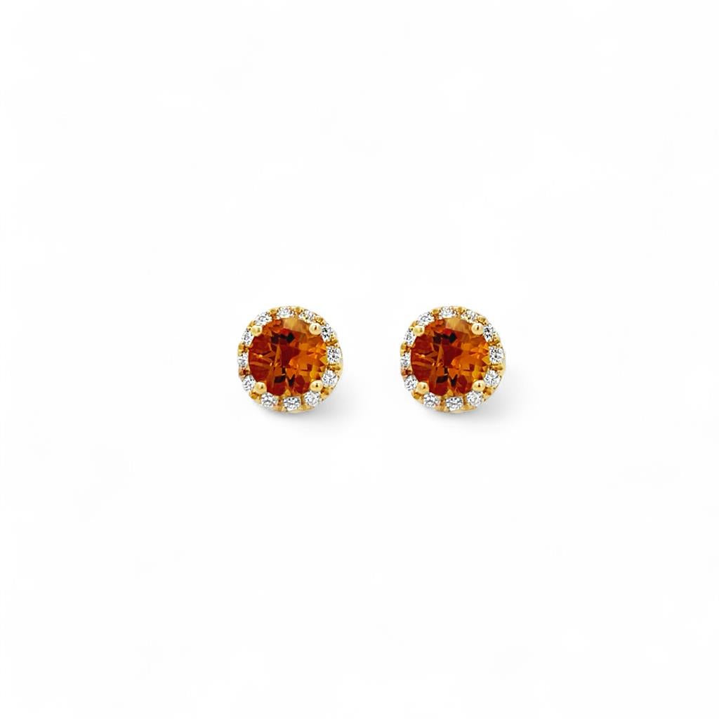 14 Kt Yellow Gold Citrine and Diamond Round Halo Stud Earrings