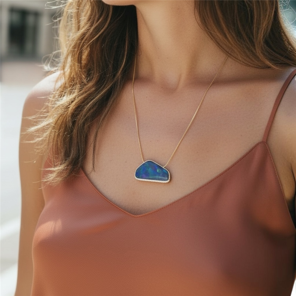 14KT Yellow Gold Doublet Opal And Diamond Pendant Necklace