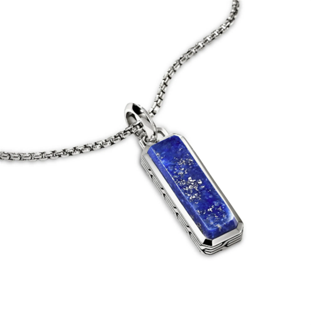 Gent's Sterling Silver Lapis Lazuli 20x6mm Pendant on 1.6mm Box Chain Necklace - 22"