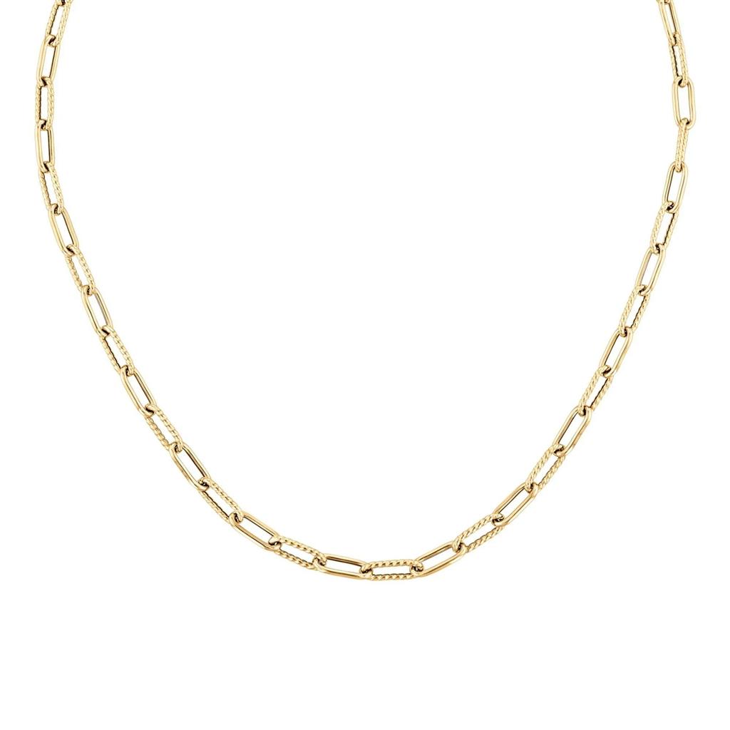 18K Yellow Gold Alternating Polished & Fluted Paperclip Link Chain Necklace 17 in