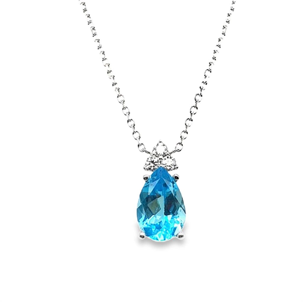 14K White Gold Blue Topaz & Diamond Dangle Necklace
