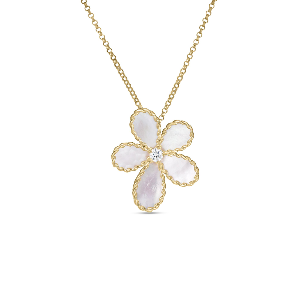 18kt Yellow Gold Diamond & Mother of Pearl Flower Pendant Necklace