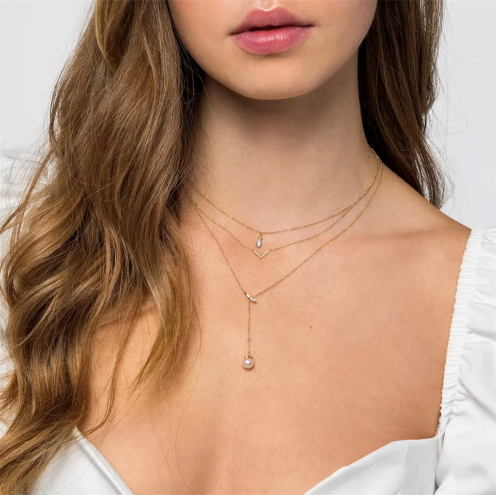 14Kt Yellow Gold Diamond & Pearl Layered Y Necklace