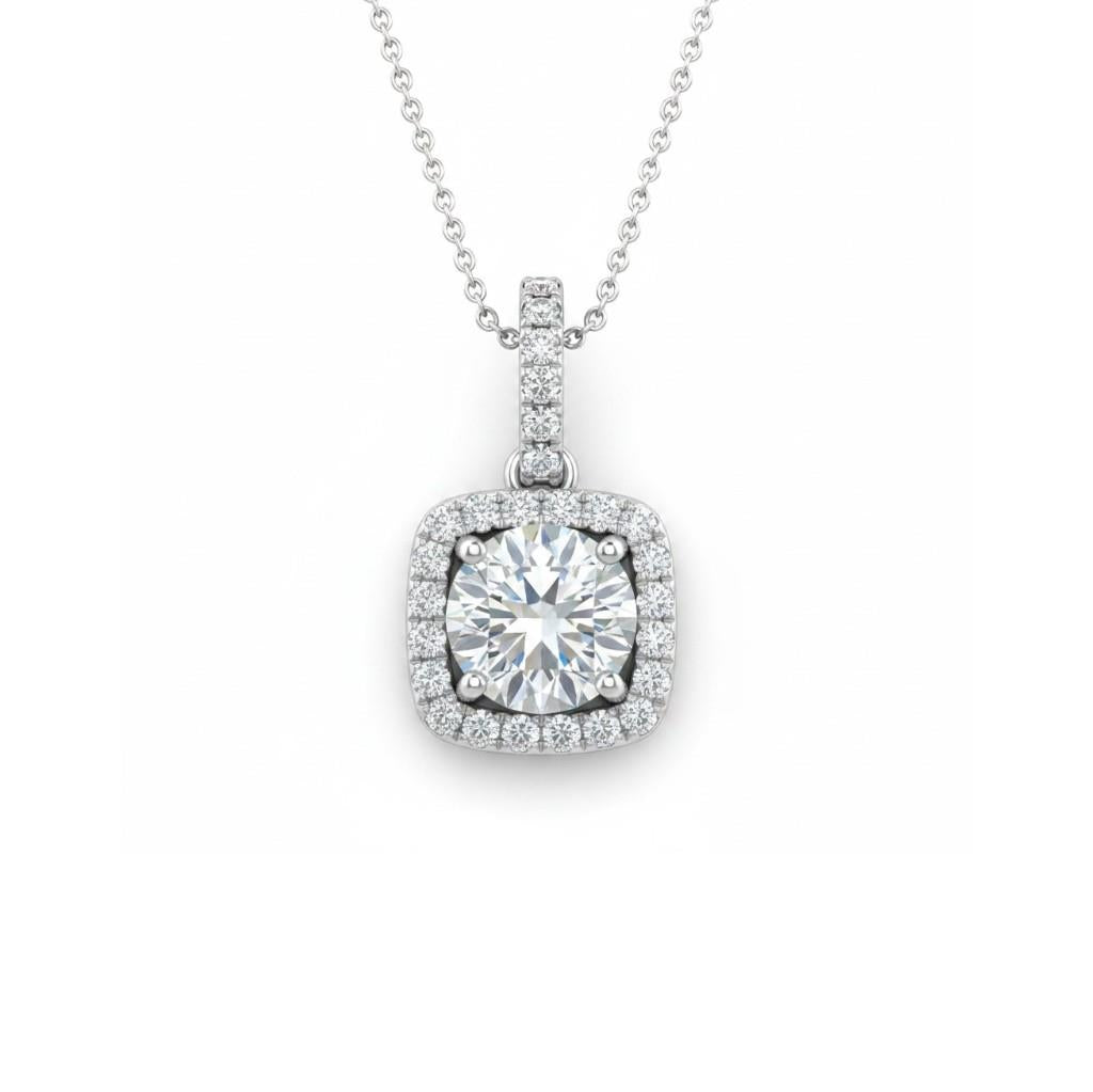 14K White Gold Square Halo Diamond Pendant