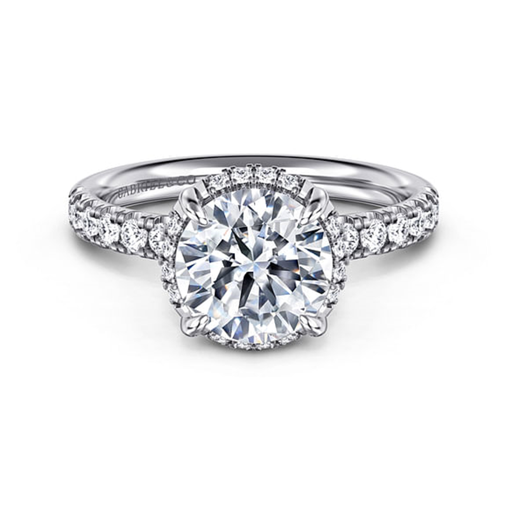 14kt White Gold Round Hidden Halo Engagement Ring Semi-Mounting