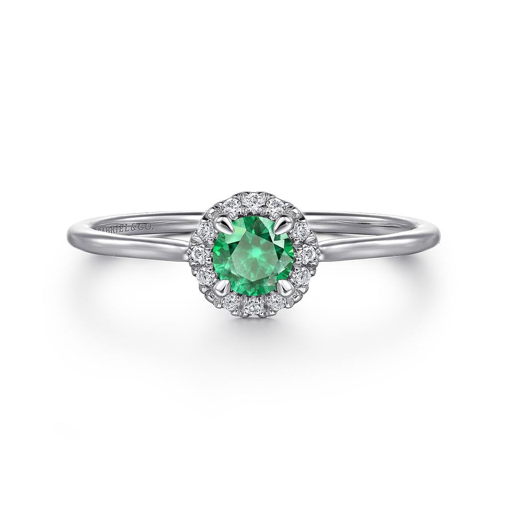 14kt White Gold Emerald and Diamond Halo Fashion Ring