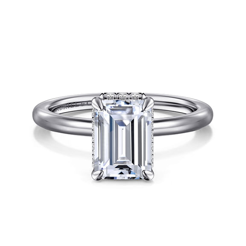 14KT White Gold Emerald-Shaped Hidden Halo Engagement Ring Semi-Mounting