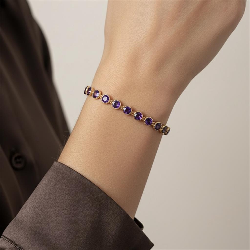 14K Yellow Gold Bezel Set Amethyst Tennis Bracelet | 8.50 CTW