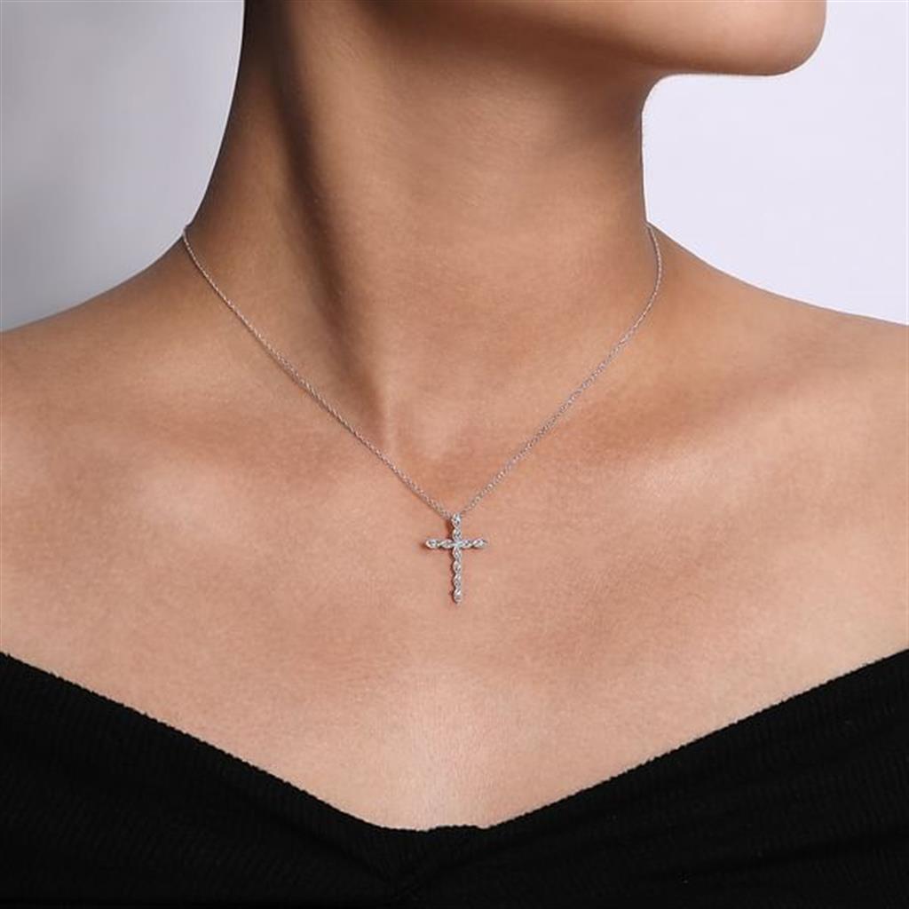 14K White Gold Segmented Diamond Cross Necklace