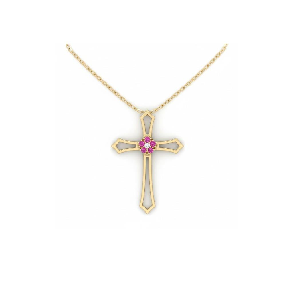 14kt Yellow Gold Pink Sapphire & Diamond Cluster Center Cross Pendant