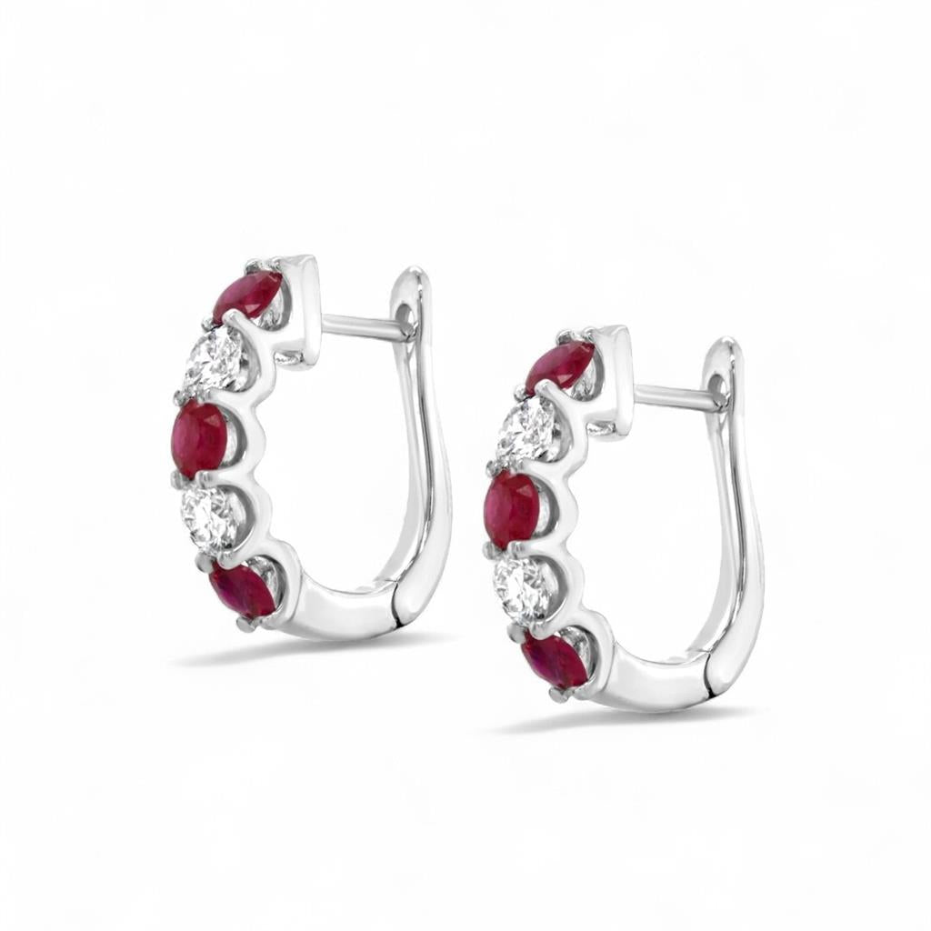 18Kt White Gold Alternating Ruby & Diamond Hoop Earrings.