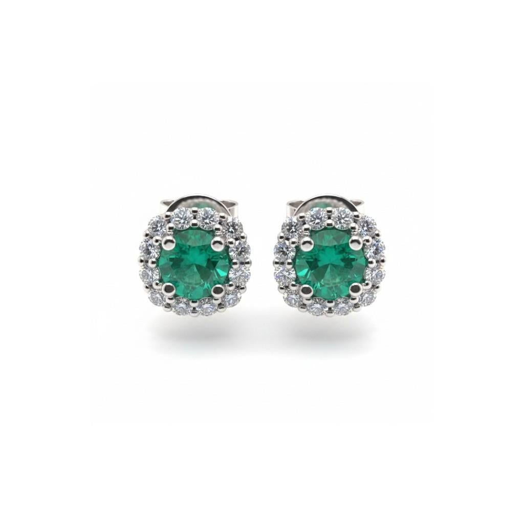 14K White Gold Emerald & Diamond Cushion Halo Stud Earrings – 0.88ctw