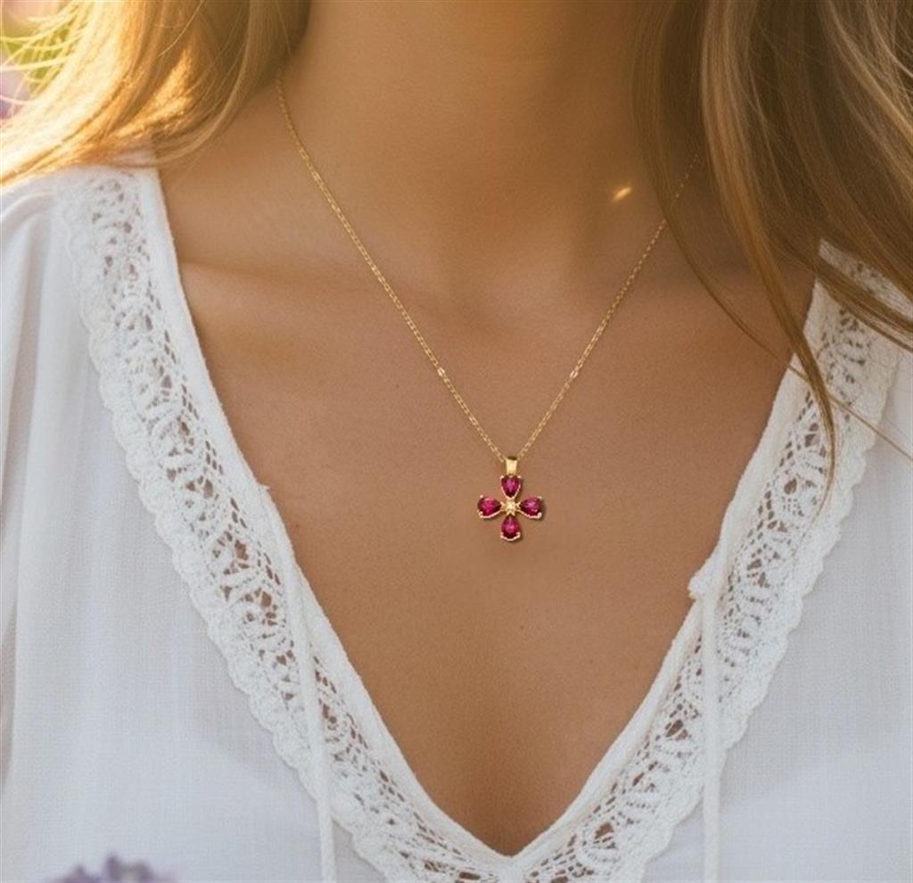 14Kt Yellow Gold Ruby And Diamond Flower Pendant