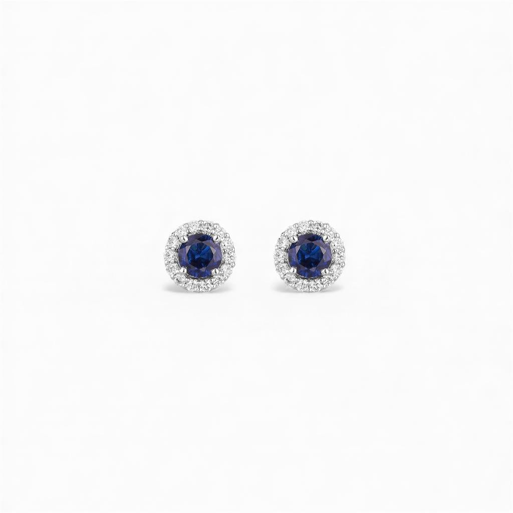 14K White Gold Diamond Halo Sapphire Earrings