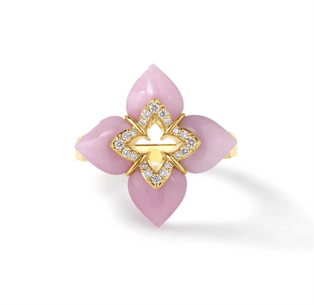 18KT Yellow Gold Roberto Coin Venetian Princess Pink Opal Flower Ring