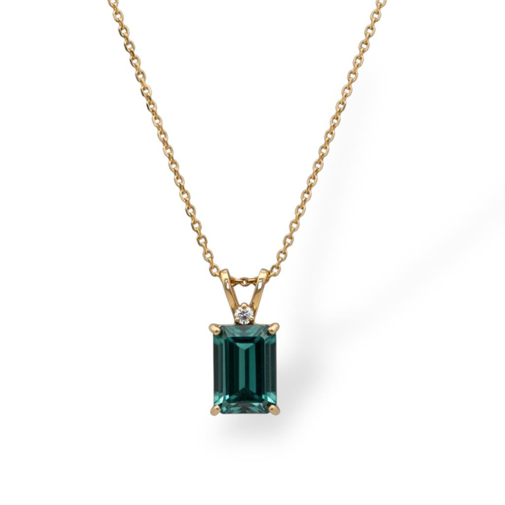 14KT Yellow Gold Teal Tourmaline and Diamond Pendant
