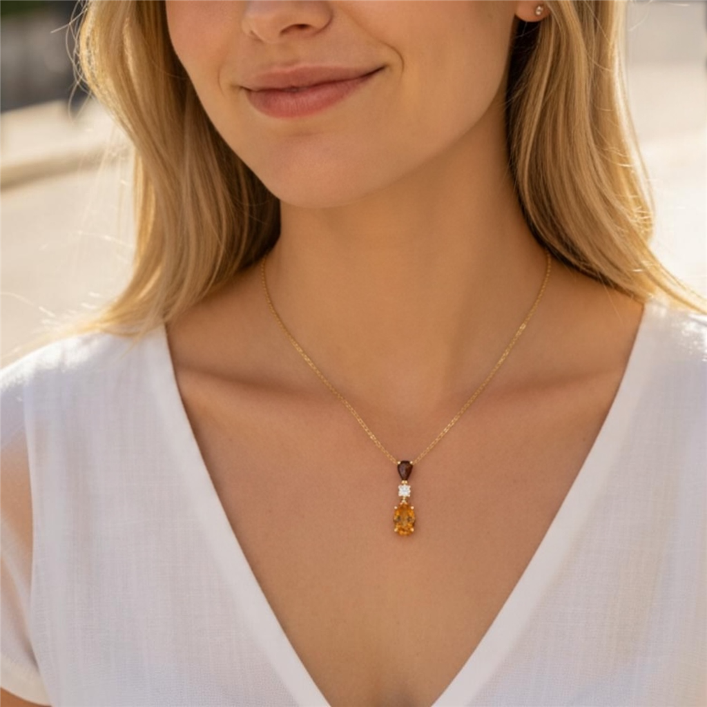 14KT Yellow Gold 3 Stone Diamond And Imperial Topaz Necklace