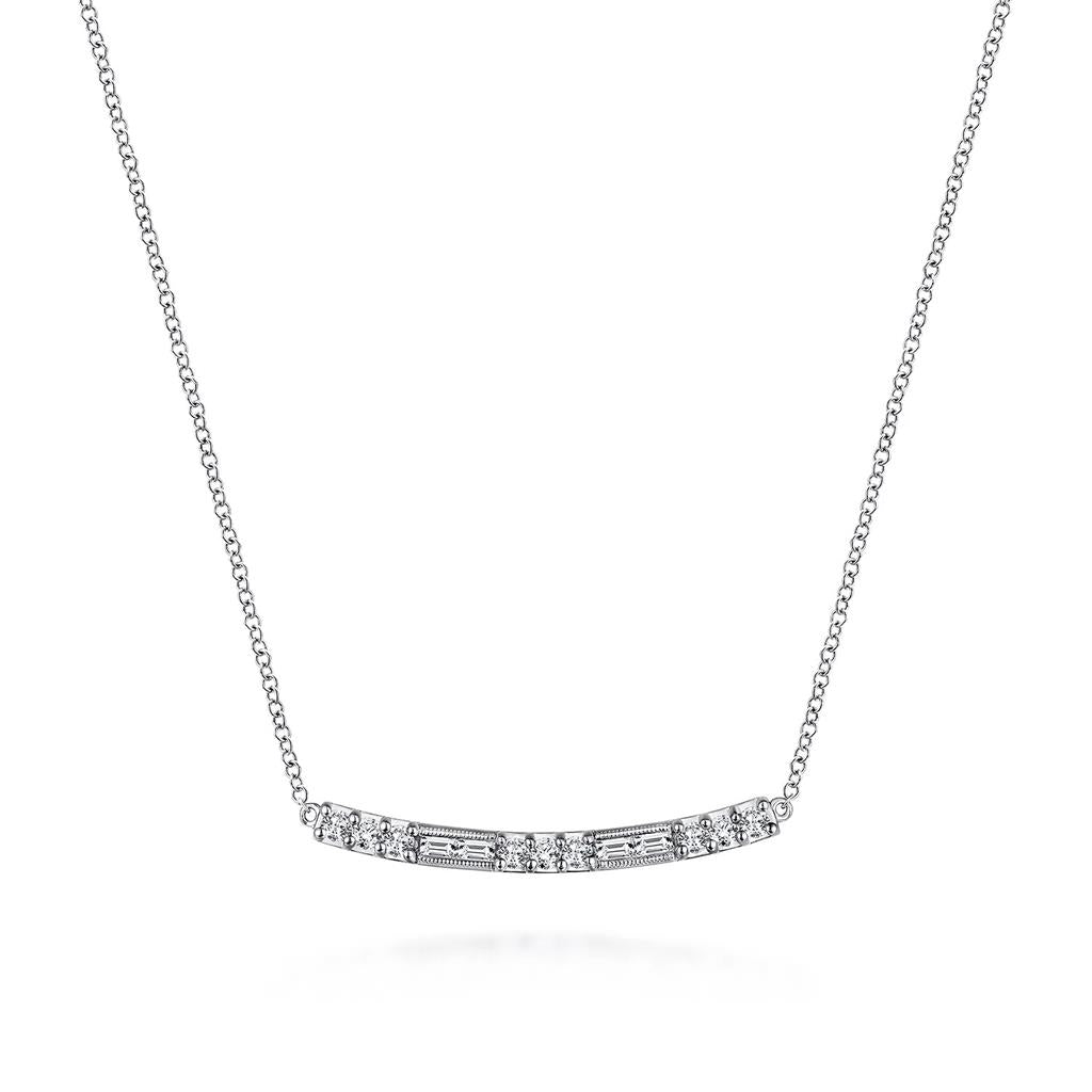 14K White Gold Curved Bar Diamond Necklace