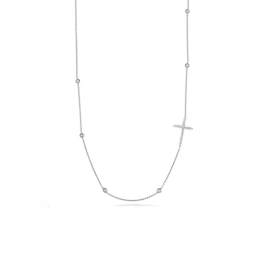 18K White Gold Cross Station Necklace