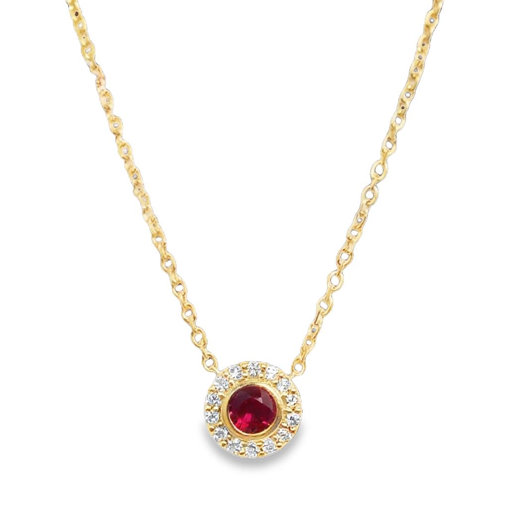 14K Yellow Gold Ruby & Diamond Bezel Halo Necklace