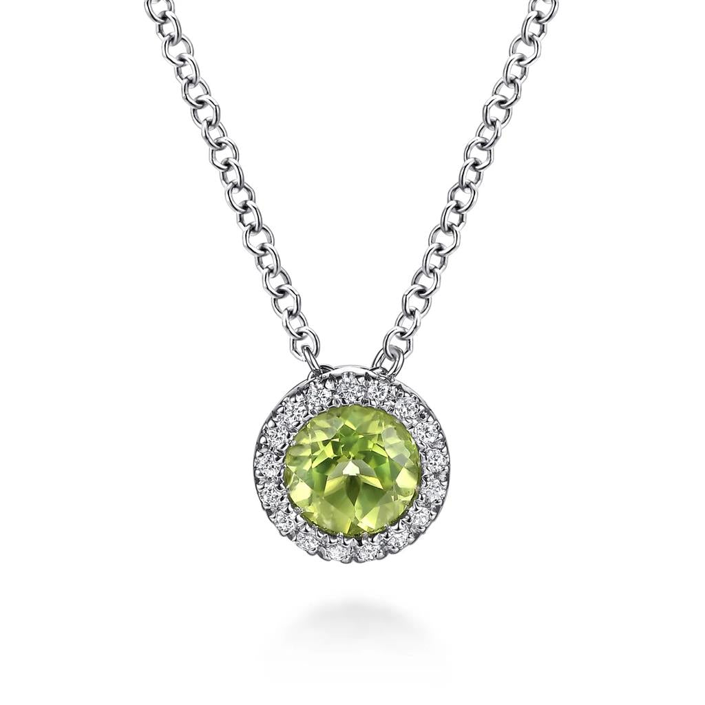 14K White Gold Peridot & Diamond Halo Pendant Necklace