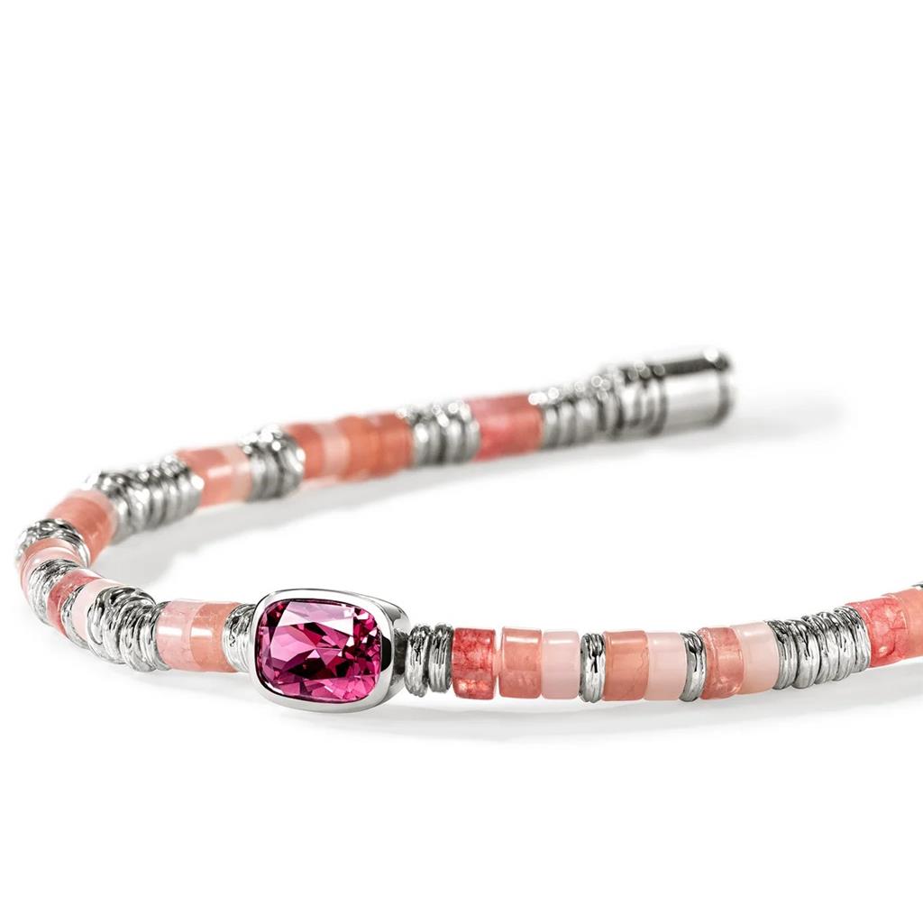 Sterling Silver 4mm Rhodolite Heishi Beaded Bracelet with Red Quartz, Rhodochrosite, Pink Opal & Sterling Silver Beads – Size UM