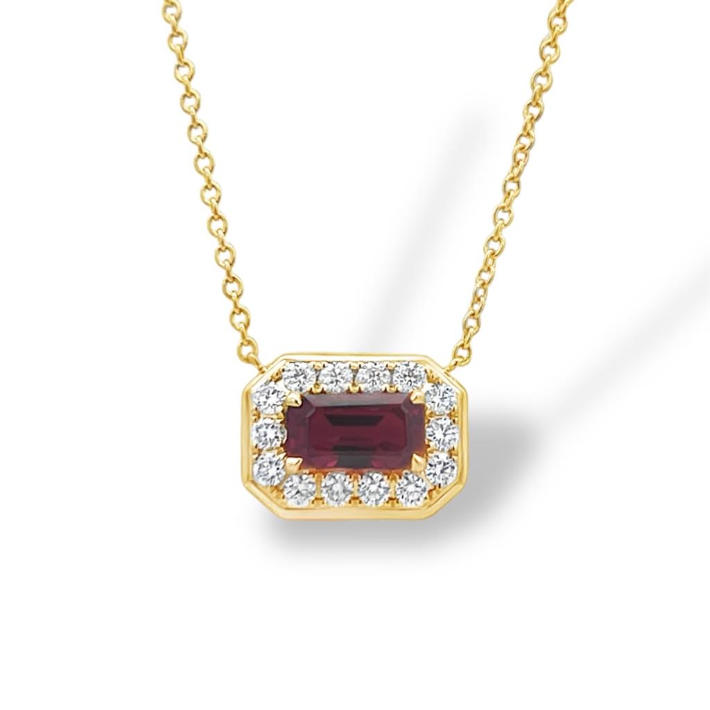 18KT Yellow Gold Ruby And Diamond Halo Pendant Necklace