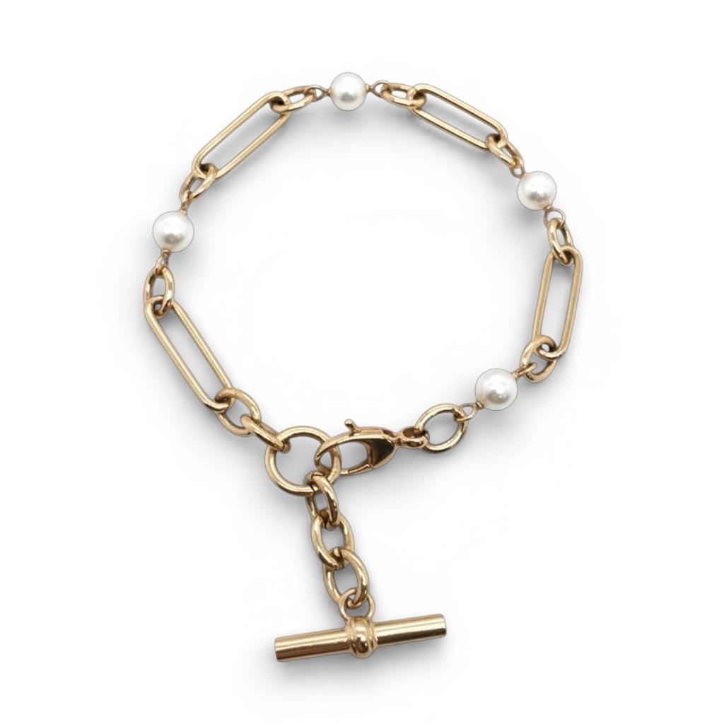 14KT Yellow Gold Four-Station Cultured Pearl Fancy Link Bracelet